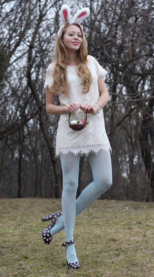 Blonde Bunny Girl wearing Blue Lycra Opaque Pantyhose, High Heels and White Lace Short Dress